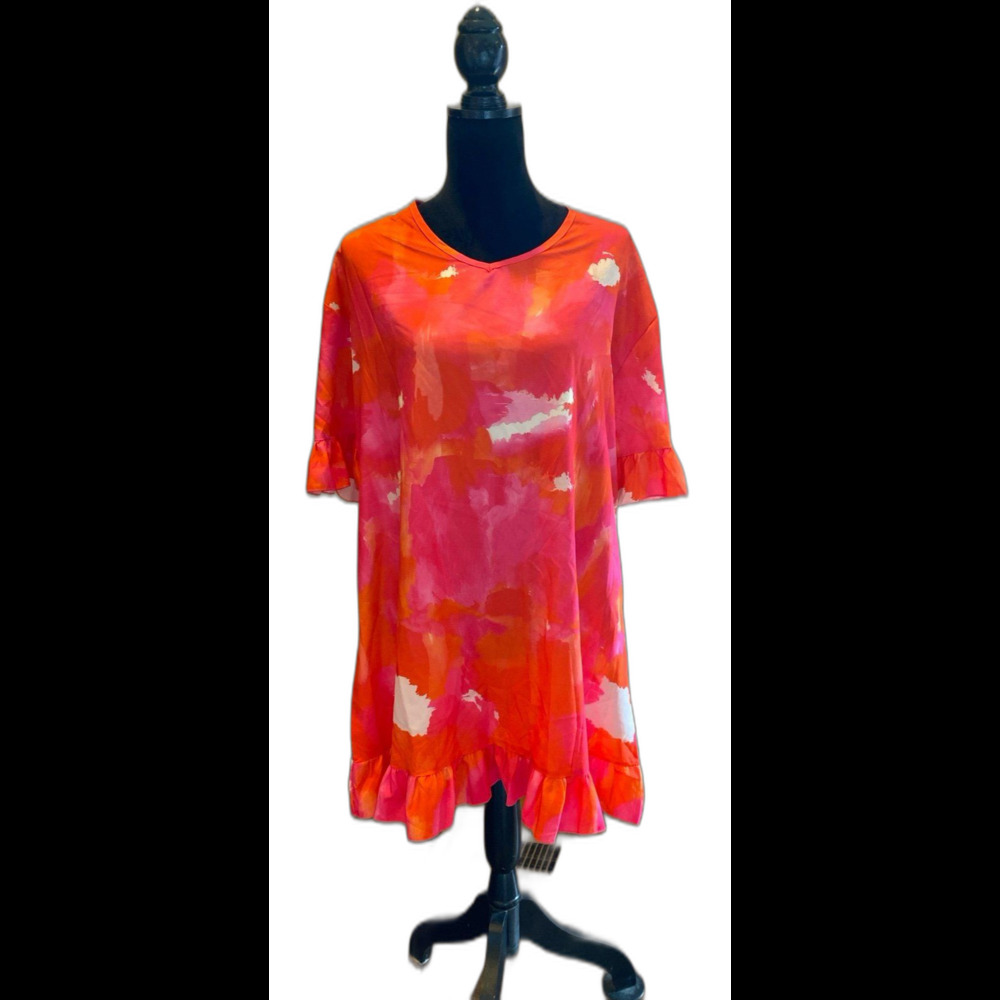 Ekouaer Swimsuit‎ Coverup Dress Womens Large Hot Pink Orange Ruffle Hem Pool